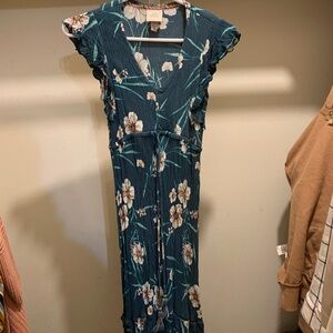 Flower dress long blue v neck with ties around waist frilly sleeve